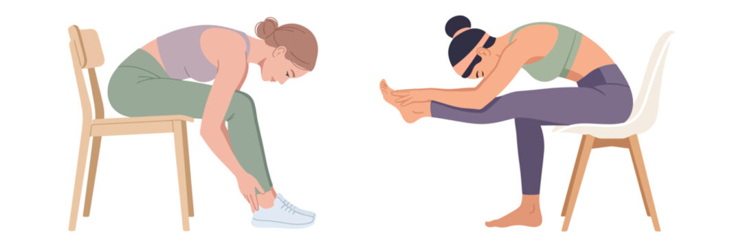 Women stretching seated on chairs performing forward bend hamstring stretch.