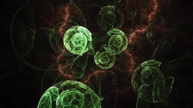 Abstract glowing green fractal spheres floating in dark space