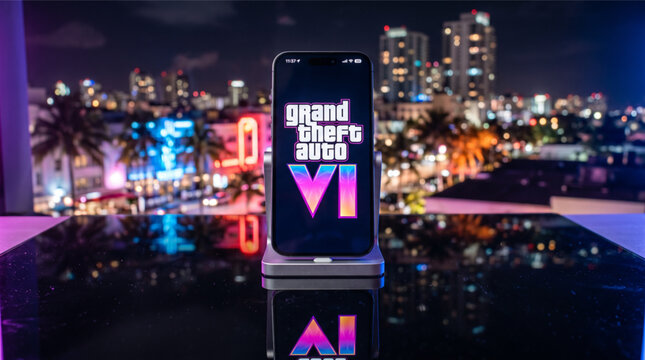 Grand Theft Auto VI (GTA 6) logo displayed on a smartphone screen. Upcoming Rockstar Games title in a photo illustration set against a blurry night cityscape with vibrant neon lights and bokeh.