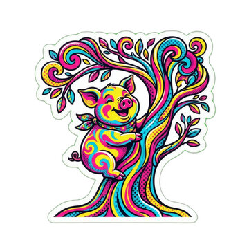 When pigs fly concept with a colorful whimsical pig climbing a vibrant trippy tree sticker design, AI generated