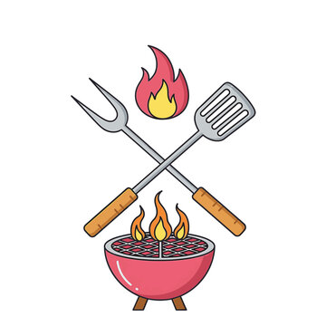 Cartoon vector illustration of a red charcoal kettle grill with burning flames, crossed metal barbecue spatula and meat fork with wooden handles, isolated on white background.