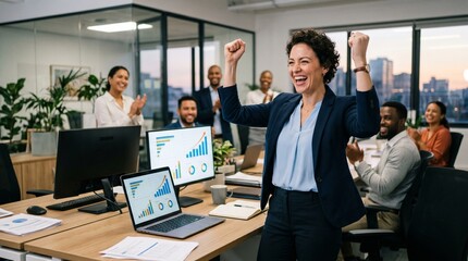 Fototapeta premium Excited businesswoman celebrates success with team in modern office with charts on screens
