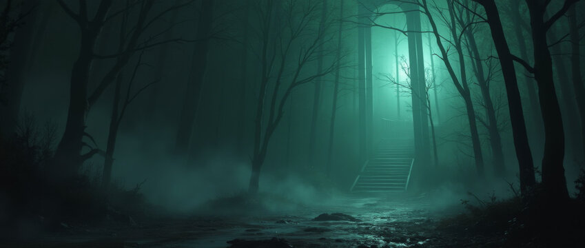 Generative AI Mysterious forest path with glowing stairs in deep fog, dark fantasy illustration