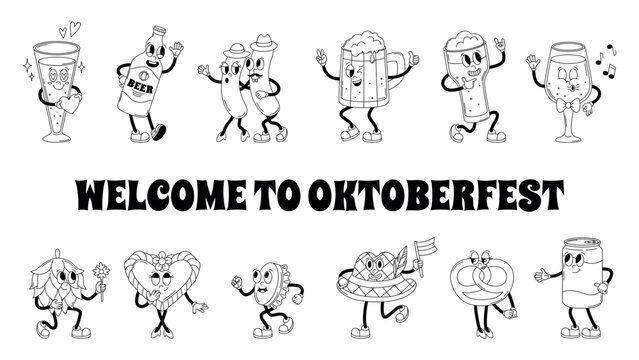 Cartoon Oktoberfest coloring page characters. White black stickers groovy style. Beer glasses and bottle, hop, pretzel, sausages. Funny mascots vector set