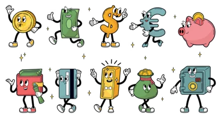 Money coins characters. Financial groovy character, different poses and expressions. Golden coin, banknote, gold bar, credit card and piggy bank, neoteric vector clipart © MicroOne
