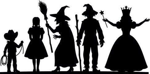A group of five black silhouettes depicting various Halloween characters including a cowboy, girl, witch, wizard, and princess © HasnaAkther