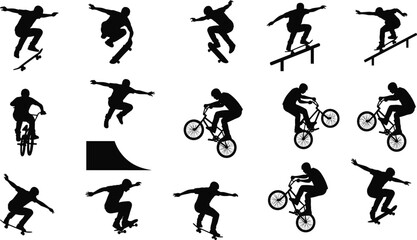 Obraz premium Skateboard, silhouette, bmx, collection, of, extreme, sports, athletes, jumping, riding, doing, tricks, vectors, set, isolated, on, white, background, design, graphic