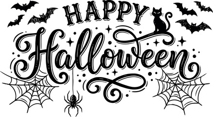 Happy halloween hand lettered typography with black cat spiderweb bats and sparkles isolated on transparent background © HasnaAkther