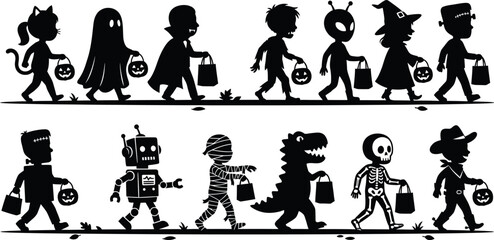 A festive collection of children in diverse Halloween costumes walking in a line, silhouette style illustration featuring classic spooky characters and fun themed trick or treaters. © HasnaAkther