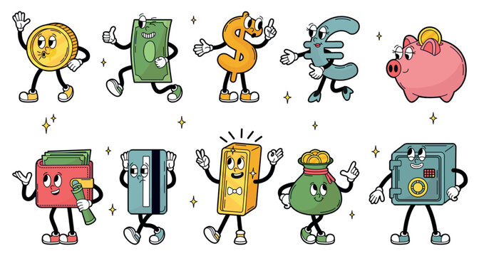 Money coins characters. Financial groovy character, different poses and expressions. Golden coin, banknote, gold bar, credit card and piggy bank, neoteric vector clipart