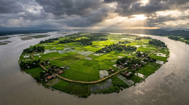 Aerial View World Largest River Island Majuli Assam Brahmaputra Monsoon Green aerial view of the world