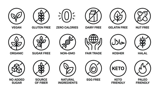 Food label and diet icon set featuring vegan gluten free dairy free organic non gmo keto paleo kosher and allergen free symbols for packaging design systems.
