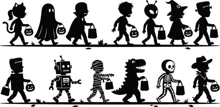 A festive collection of children in diverse Halloween costumes walking in a line, silhouette style illustration featuring classic spooky characters and fun themed trick or treaters.