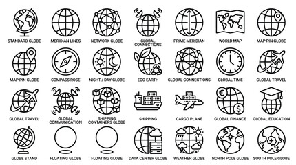 Global earth and geography icons set including globe meridian network global connections world map map pin compass night day eco earth travel finance shipping. © mrinalkantibiswas