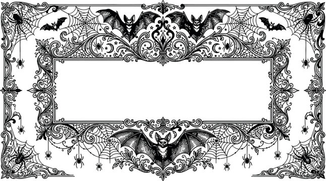 An intricate gothic-style rectangular frame featuring detailed illustrations of bats, sprawling spider webs, dangling spiders, and ornate filigree scrollwork