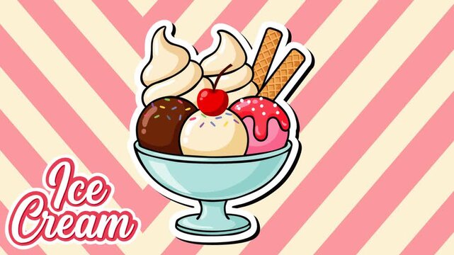Colorful ice cream sundae with creamy scoops, whipped topping, cherry and wafer sticks on a pink striped background. Perfect for dessert, summer, cafe, food, and celebration footage.