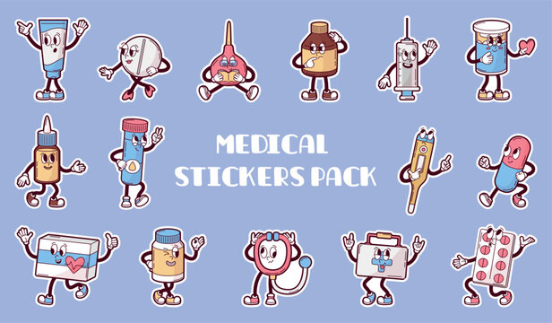 Medical stickers. Funny pharmacy and hospital characters, groovy sticker design. Drugs, first aid kit, vitamins, cream in tube, neoteric vector set