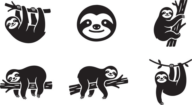 Black and white sloth illustrations hanging from trees in different poses Vector