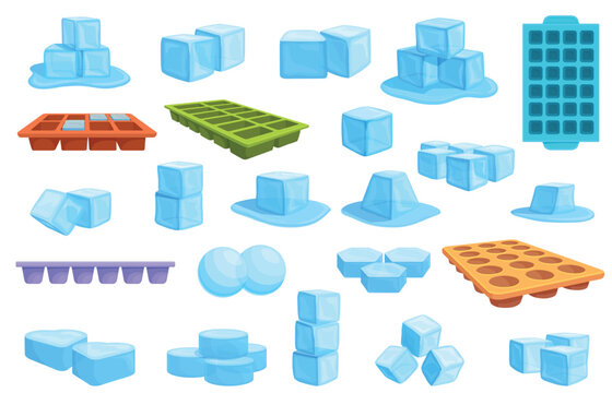 Silicone ice cubes molds. Plastic mold for freezing in freezer. Different shapes of frozen water for cocktails, food, cooling, summer refresher drinks, sapid vector set