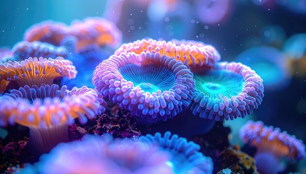 Vibrant coral polyps illuminate the deep blue ocean depths.