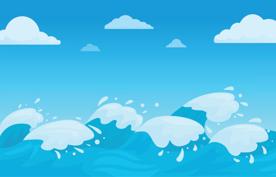 Ocean waves cartoon landscape. Storm in sea, wave with foam. Nature background, restless open aqua area. Metaphor of freedom, sapid vector backdrop