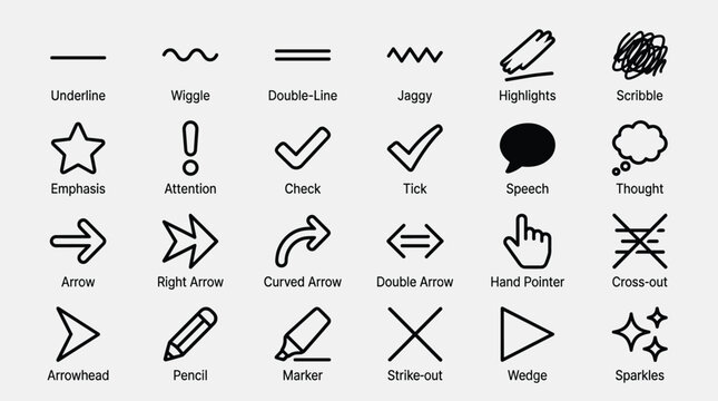 Hand drawn doodle line elements and UI pointers set including arrows check marks speech bubbles and stationery icons for professional creative documentation use.
