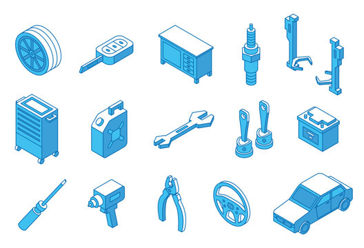 Isometric car repair equipment. Auto service elements, line 3d style icons. Cars diagnostic tools, spare parts, wheels. Automobile maintenance nifty vector clipart