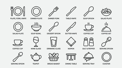 Naklejka premium Kitchenware set line icon collection featuring essential dining table items and cooking utensils designed for minimalist culinary branding and restaurant menus.