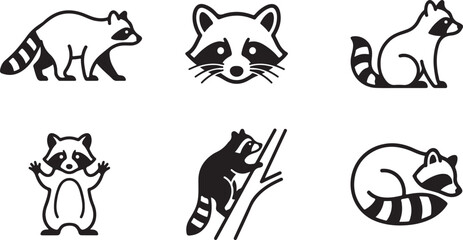 Fototapeta premium Six raccoon vector icons in different playful poses Vector