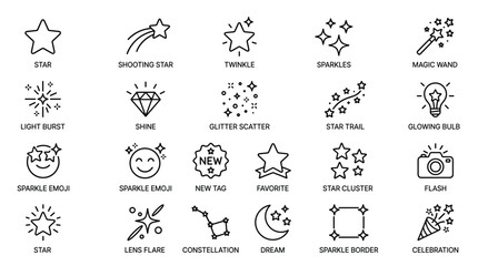 Magic sparkle and star icons set for celebration glowing effect decoration including shooting star constellation glitter shine and twinkling light illustrations. © mrinalkantibiswas