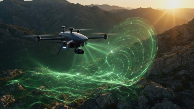 Drone LiDAR Scanning Rocky Mountain Terrain at Sunset