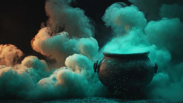 Mysterious witch's cauldron boiling a magical green potion and emitting thick vapor at night