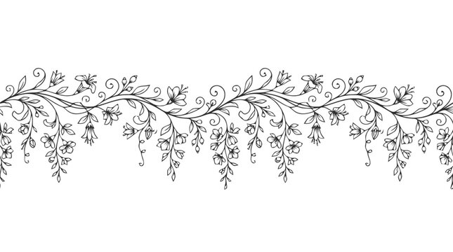 Intricate black botanical border design with delicate vines and leaves for decorative use.