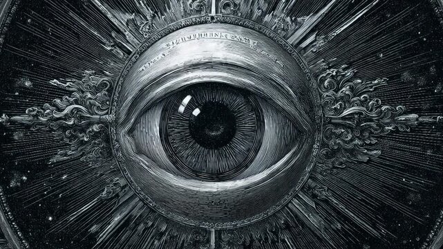 Mystical eye of providence looking around in an animated black and white historical engraving