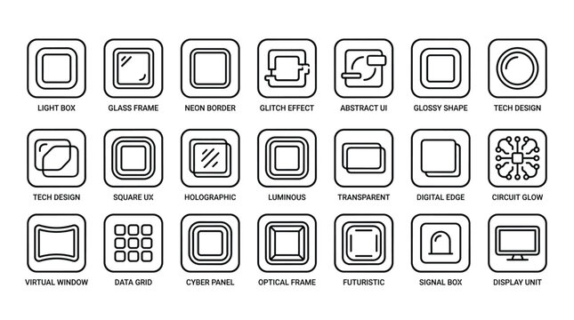 Modern abstract square UI elements and technology icons, including frames, borders, and digital effects for web and app design.