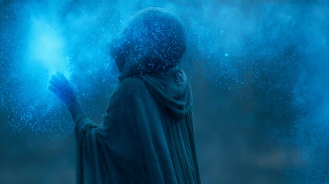 Cloaked mysterious figure in a dark hood casting a glowing blue magic spell from their hands