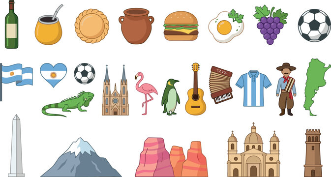 Flat Design Argentina Culture and Travel Icon Set With Flag Tango Guitar Soccer Patagonia and Traditional Elements Vector Illustration