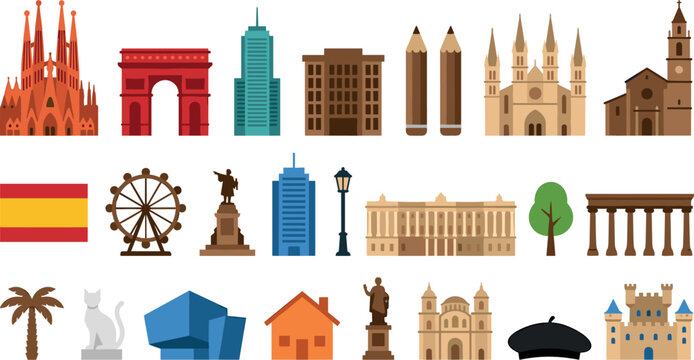 Flat Design Spain and Spanish Culture Landmark Icon Set With Sagrada Familia Flag Architecture and Travel Elements Vector Illustration