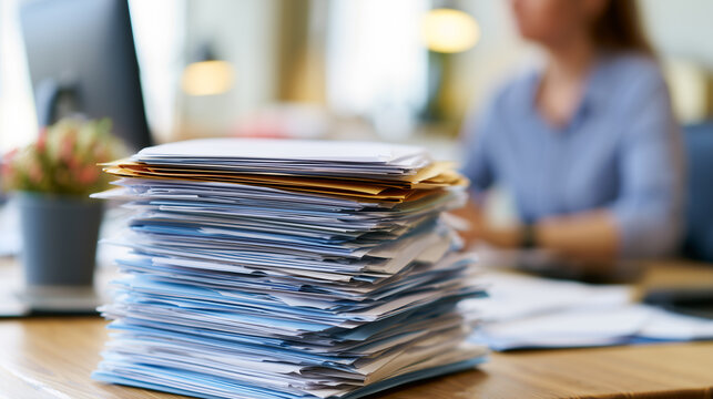 Large stack of office paperwork and business documents on desk with employee working in background
