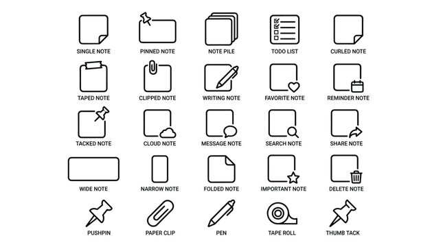 Note and productivity icon set featuring pinned sticky notes todo lists folders paper clips and office stationery in clean vector line art illustration style.