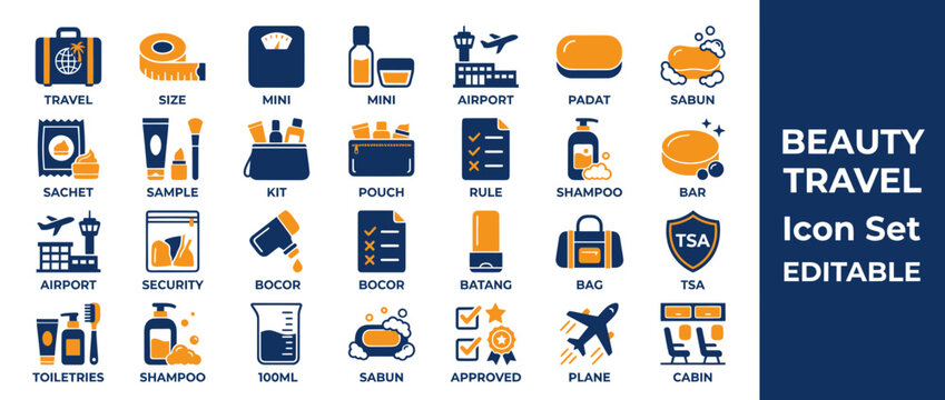 Beauty Travel Icons Set: Toiletries, Airport Security, Luggage, Scale, Soap