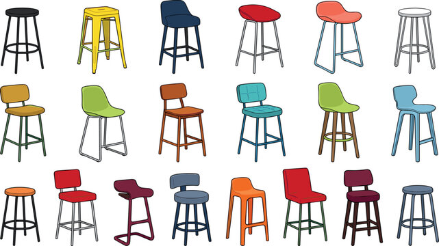 Colorful Modern Bar Stool and Counter Chair Collection in Various Styles Colors and Designs Vector Illustration Set