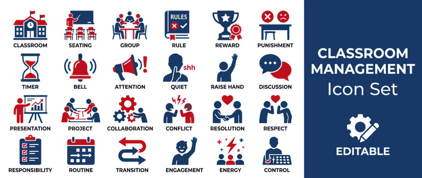 Classroom Management Icon Set: Education, Rules, Behavior, and Learning Symbols