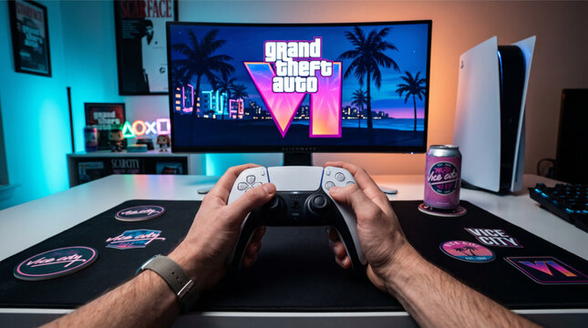 POV of gamer playing Grand Theft Auto VI (GTA 6) on a PlayStation 5 console using DualSense controller with Vice City neon aesthetic, curved monitor, gaming room setup and Rockstar Games game logo.