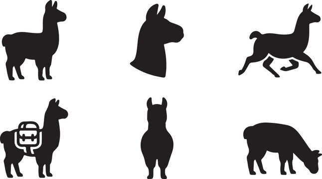 Six black llama silhouettes in different poses and activities Vector