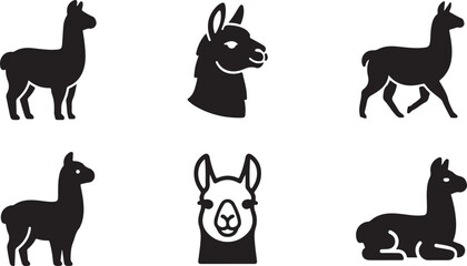 Fototapeta premium Black silhouette illustrations of llamas and alpacas in different poses Vector