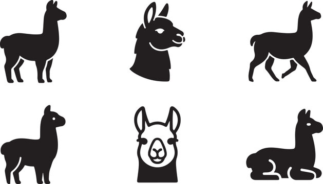 Black silhouette illustrations of llamas and alpacas in different poses Vector
