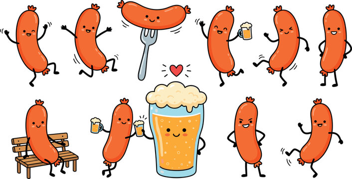 Cute Kawaii Cartoon Sausage Characters Dancing Drinking Beer and Having Fun Vector Illustration Set