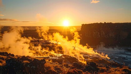 Fototapeta premium Sunrise illuminates geothermal steam rising from a rugged landscape.