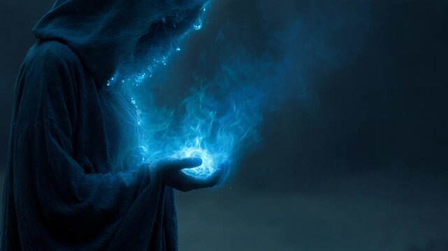 Mysterious hooded sorcerer conjuring a glowing orb of blue magical energy in his hands
